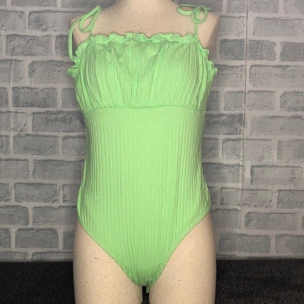 Shein Neon Green Shoulder Tie Snap Crotch Body Suit Sz Large